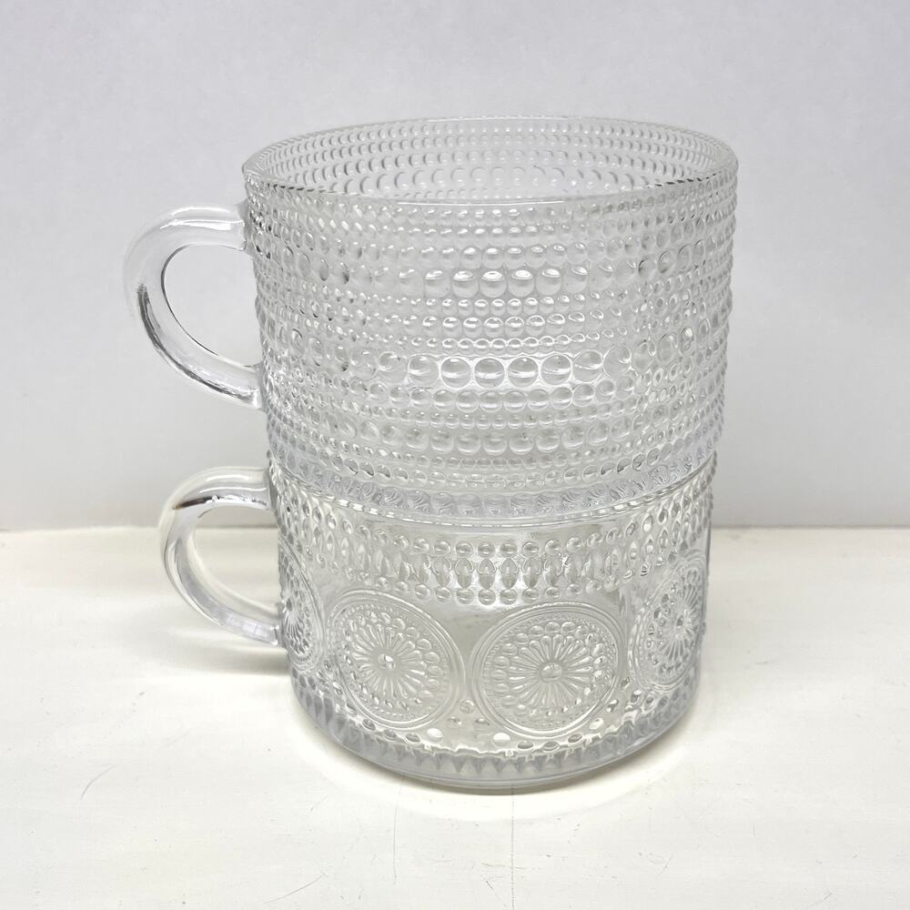 Set of 2 Vintage Style Embossed Glass 14oz Mugs